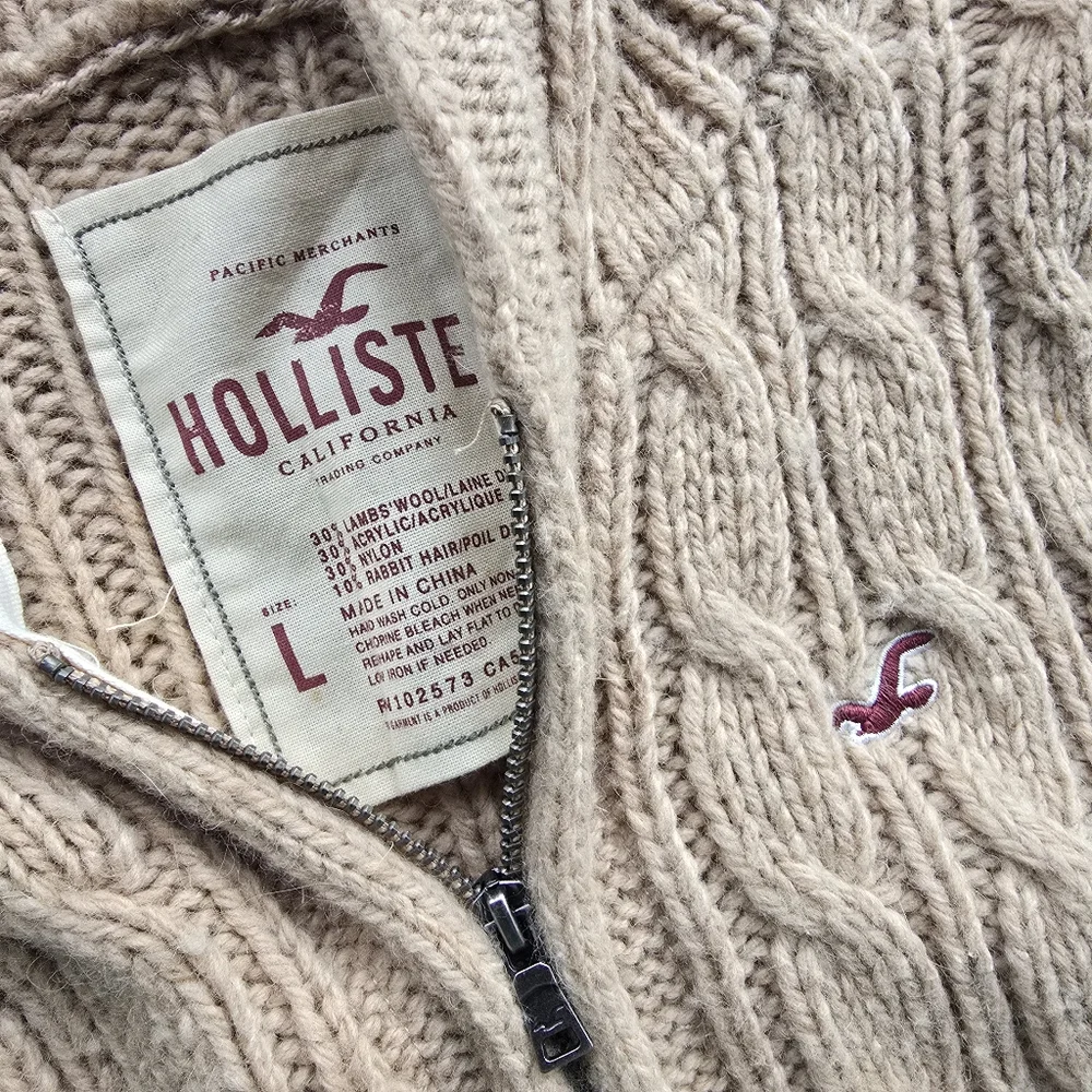 Vintage Y2K Hollister Hoodie Chunky Cable Knit Full Zip Jacket Sweater Swan L - Picture 3 of 5